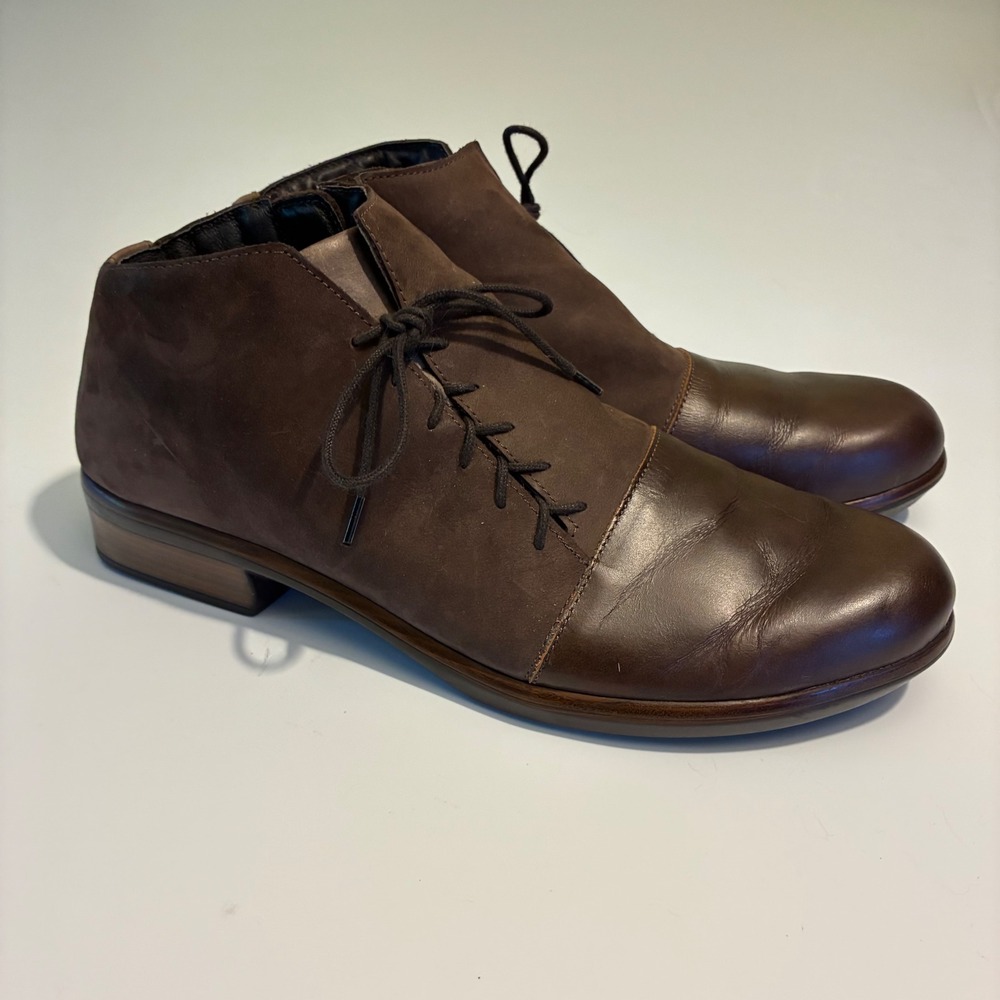 Naot Womens Size 41 L10 Brown Leather Lace Up Side Zip Ankle Boots